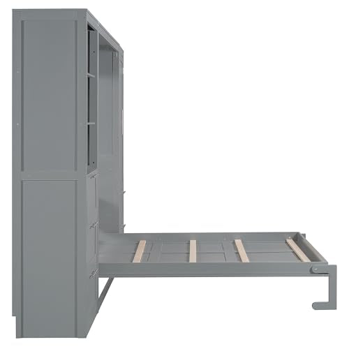 Grey Queen Size Wood Murphy Bed with Shelves and Drawers N519796