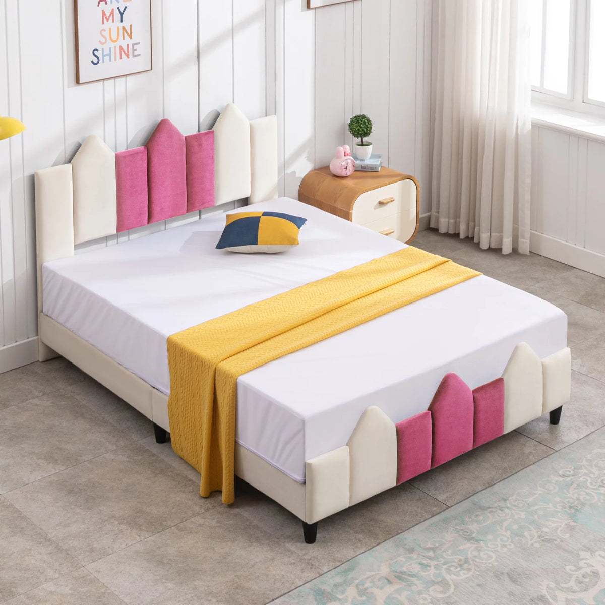Pink and White Upholstered Twin Platform Bed Frame with Headboard N795036