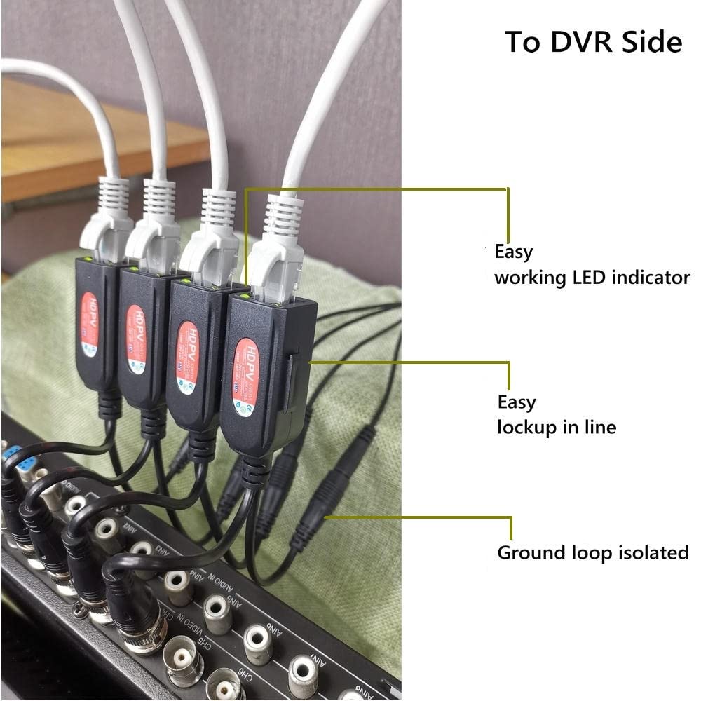 4 Pair Passive Video Balun BNC to RJ45 Adapter with Power 1080P-8MP Analog Camera Network Transceiver Cat5e/Cat6 to BNC Connector D182183