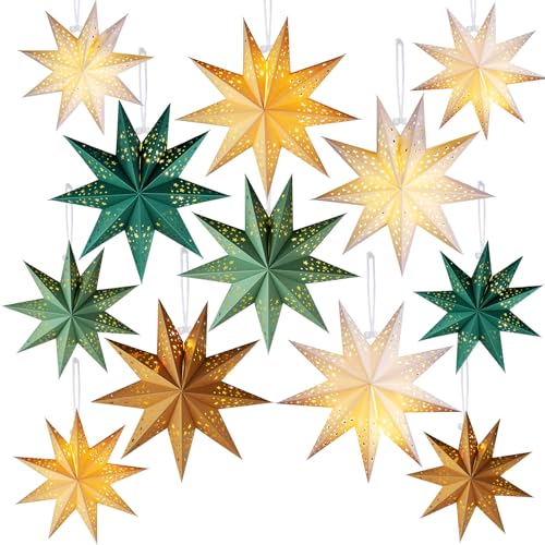12 Pcs Sage Green 3D Star Lantern with String Light E2954