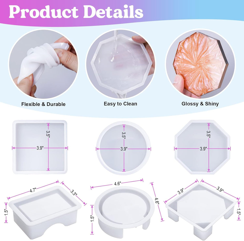 18 Pcs Silicone Coaster Molds with Round Square Octagon Shape Holder Molds V850