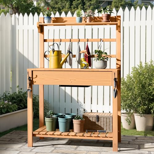 Outdoor Potting Bench Table with Sink & Sliding Top, Wooden Garden Workbench with Storage Shelves V8500