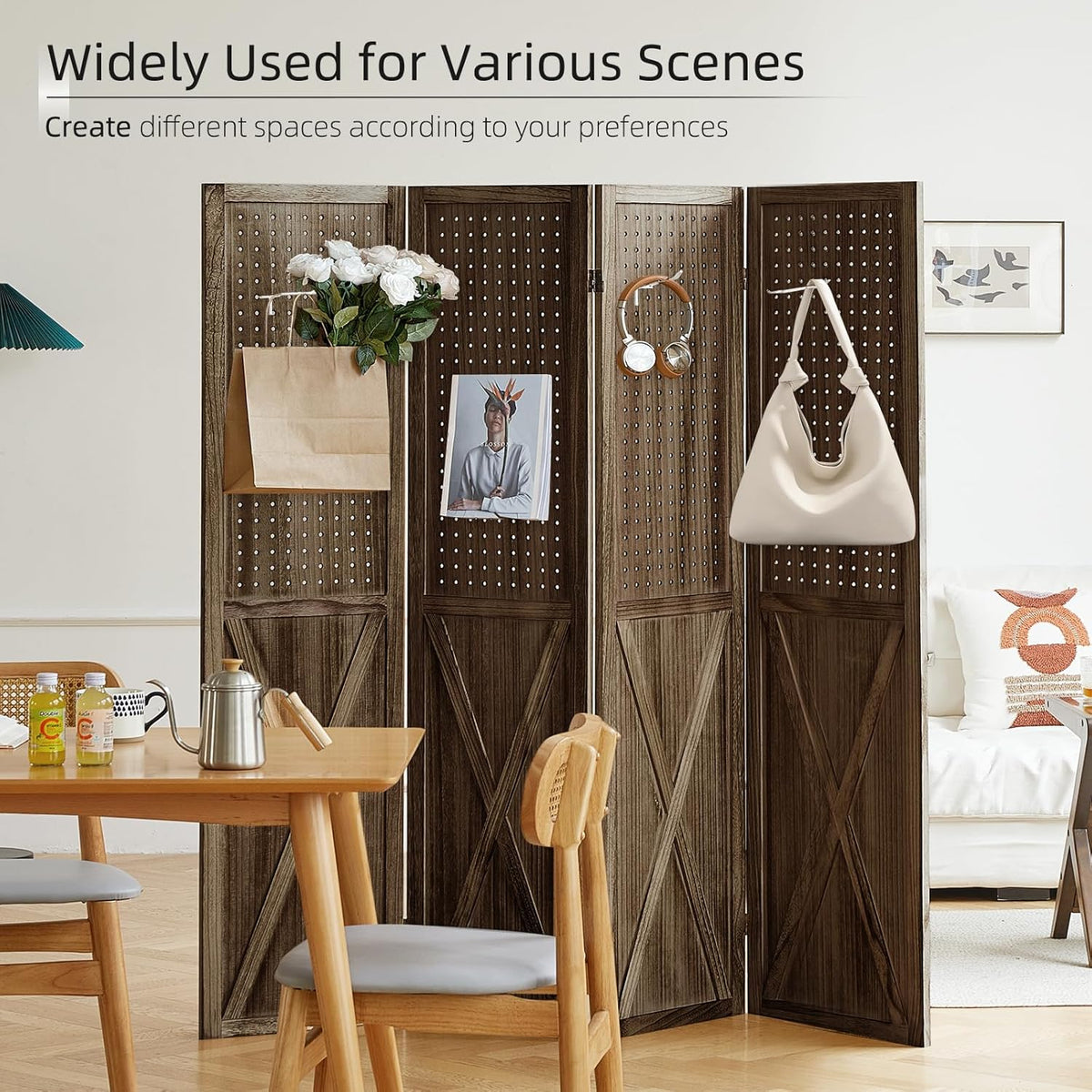 Brown 4 Panel Folding Pegboard Room Divider M195935