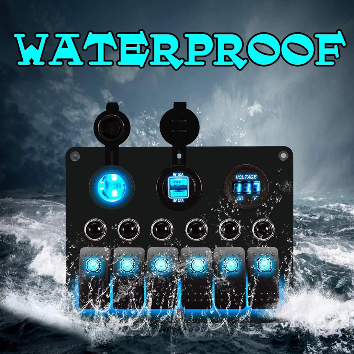 Blue LED Rocker Switch Panel with Dual USB Waterproof Power Socket Breaker Voltmeter J96886