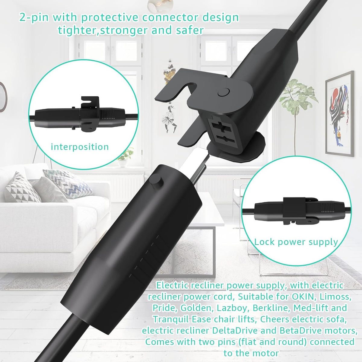 2-Pin 29V2A Power Adapter with Extension Cord for Recliner, Black O832