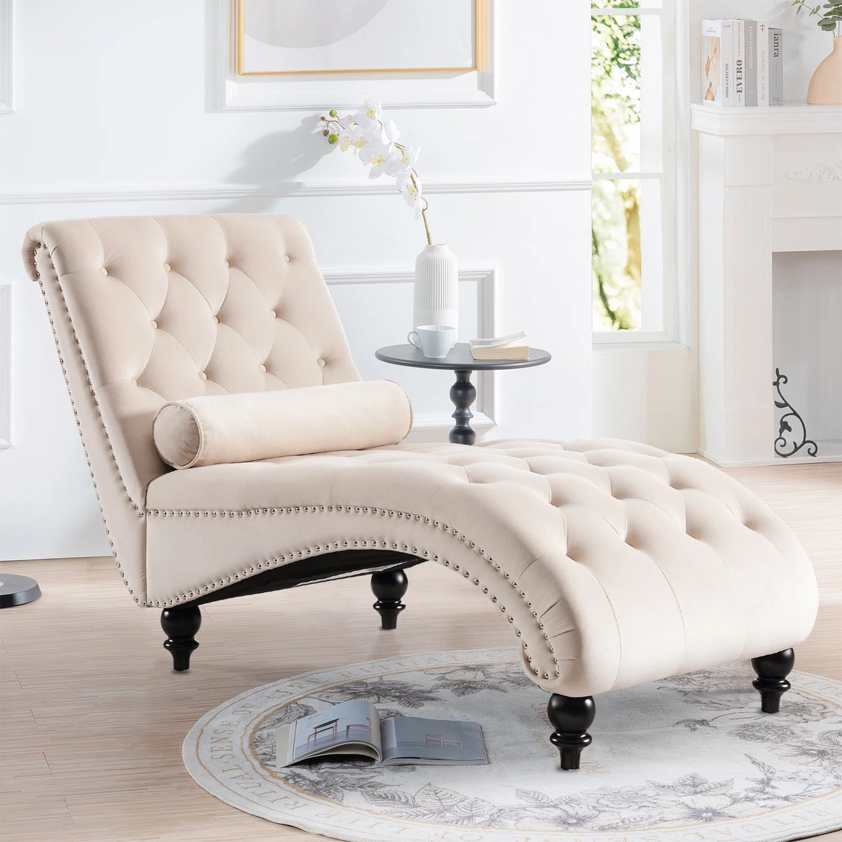 Beige Velvet Tufted Chaise Lounge with Wood Legs H713