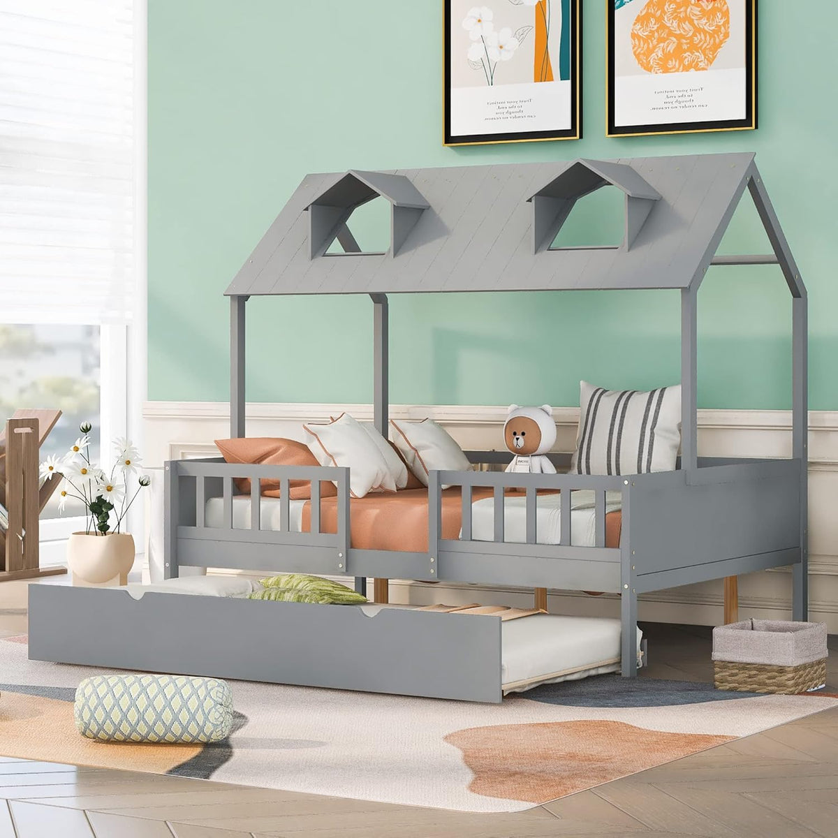 Grey Double Bed Wood Frame with Safety Bar T7862