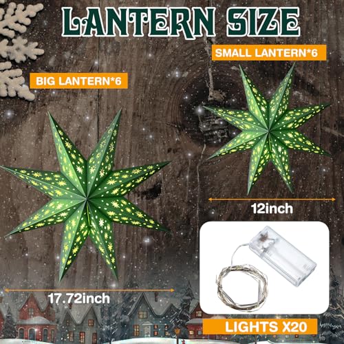 12 Pcs Sage Green 3D Star Lantern with String Light E2954