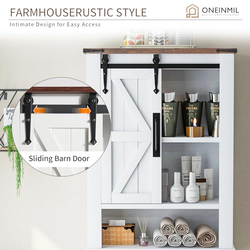 White Over The Toilet Storage Cabinet with Adjustable Shelves & Sliding Barn Doors T744233