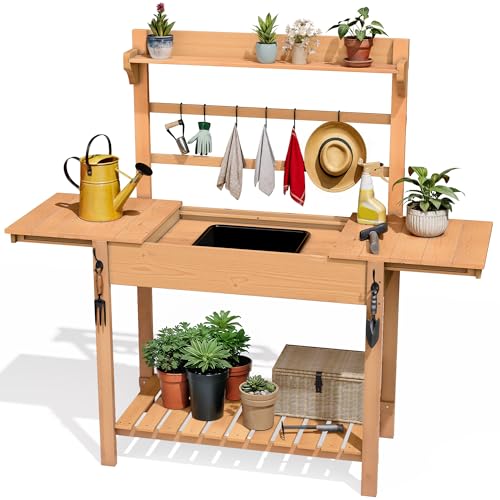 Outdoor Potting Bench Table with Sink & Sliding Top, Wooden Garden Workbench with Storage Shelves V8500