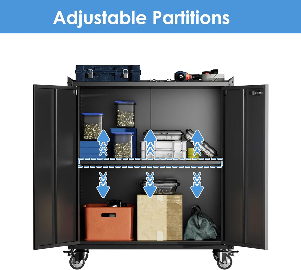 Black Metal Storage Cabinet on Wheels with Adjustable Shelves D703