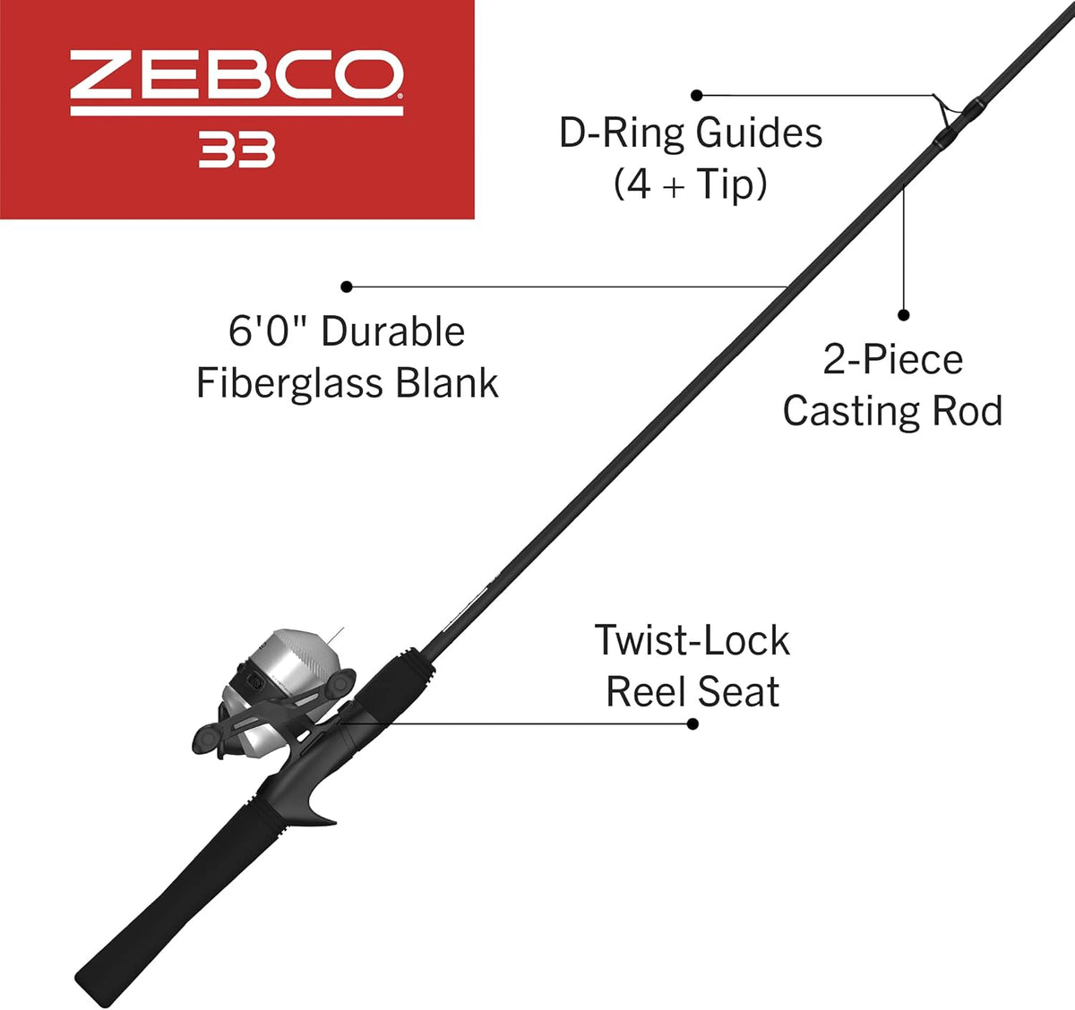 Silver/Black 6-Foot 2-Piece Fiberglass Spincast Reel and Fishing Rod Combo H3943