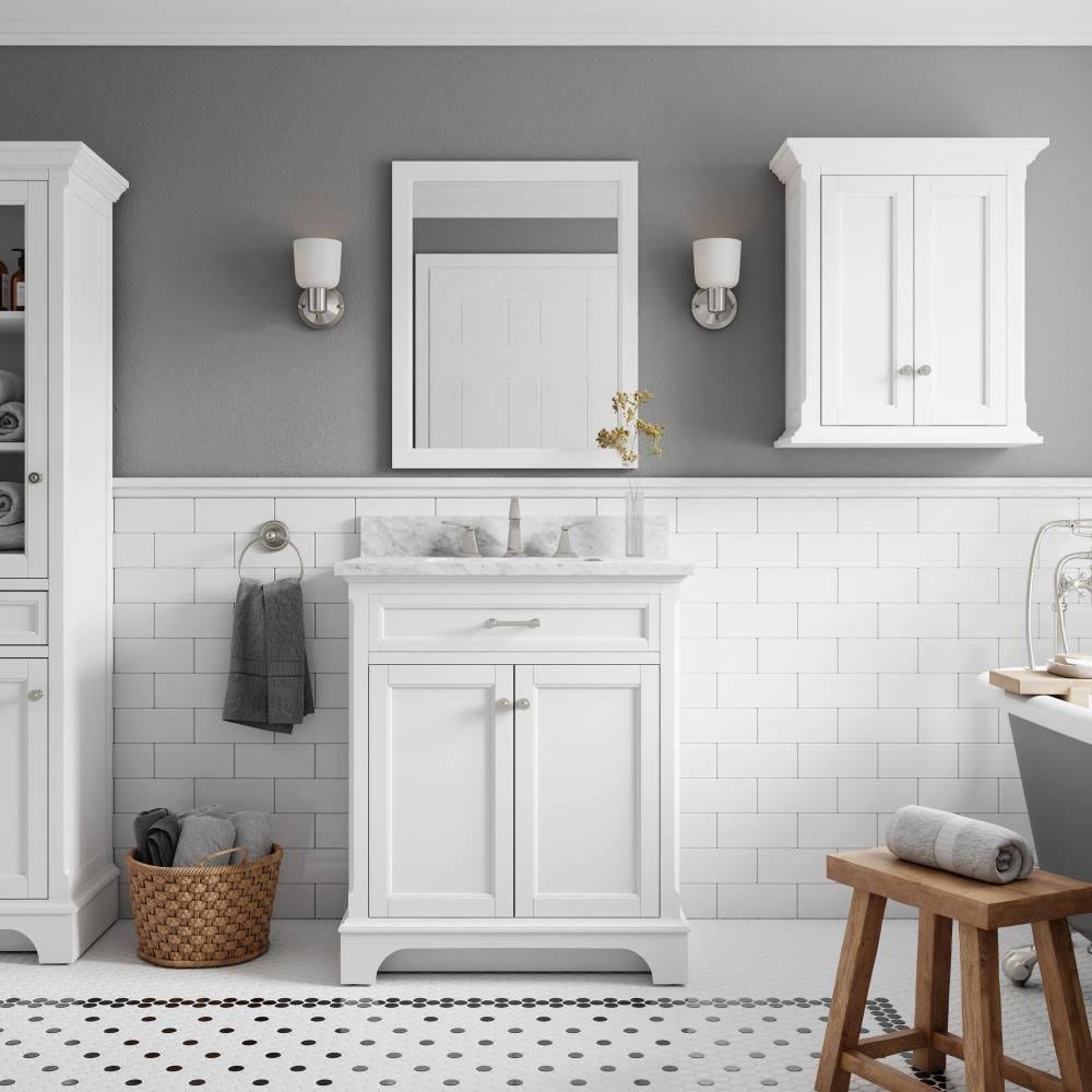 White Undermount Single Sink Bathroom Vanity with Natural Carrara Marble Top B53292