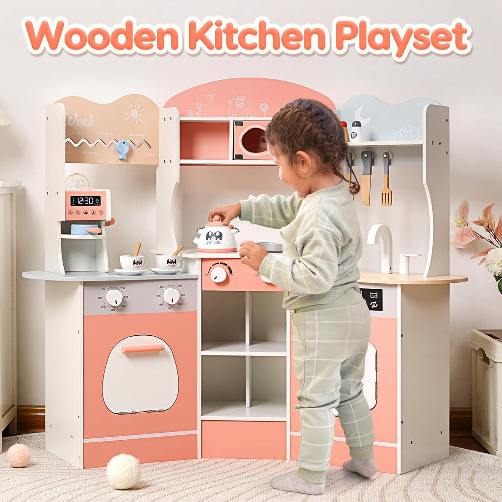 Wooden Play Kitchen with Cookware Accessories and Play Sink F93805