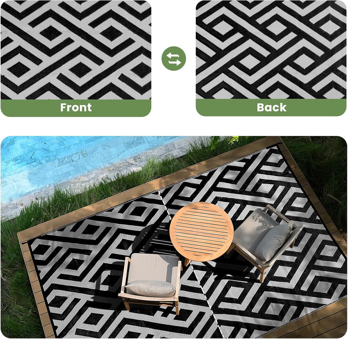 Black & Light Grey 8x10 Outdoor Plastic Straw Rug with Carry Bag O43230