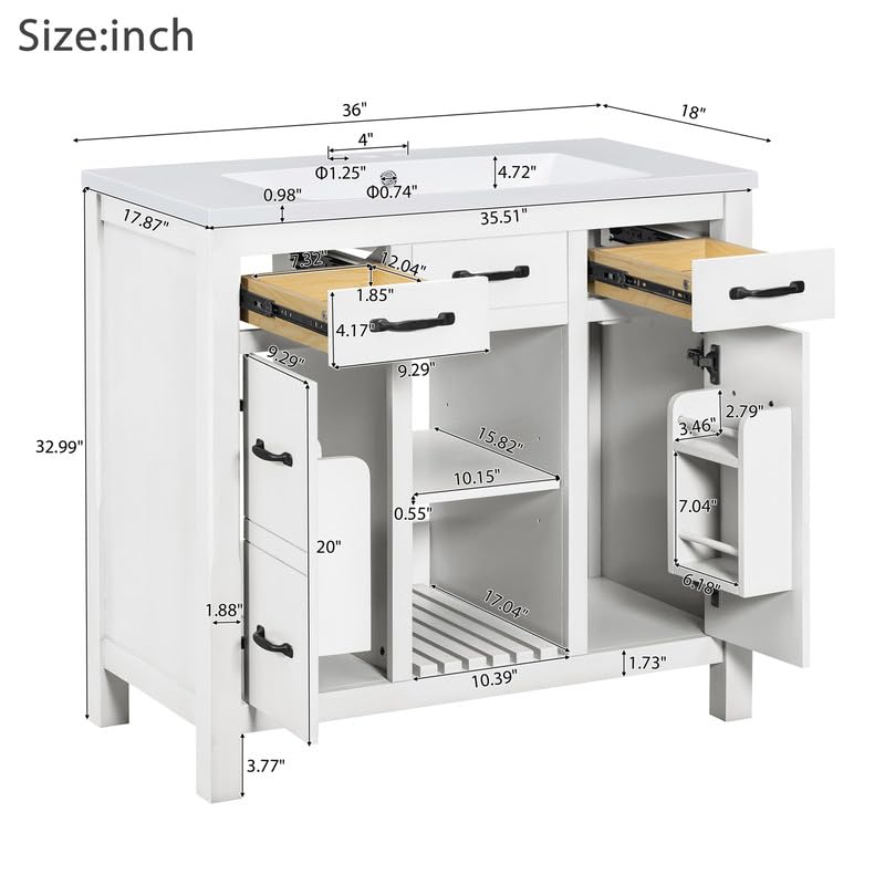 White 36 inch Bathroom Vanity with Sink and 3 Drawers Y81845