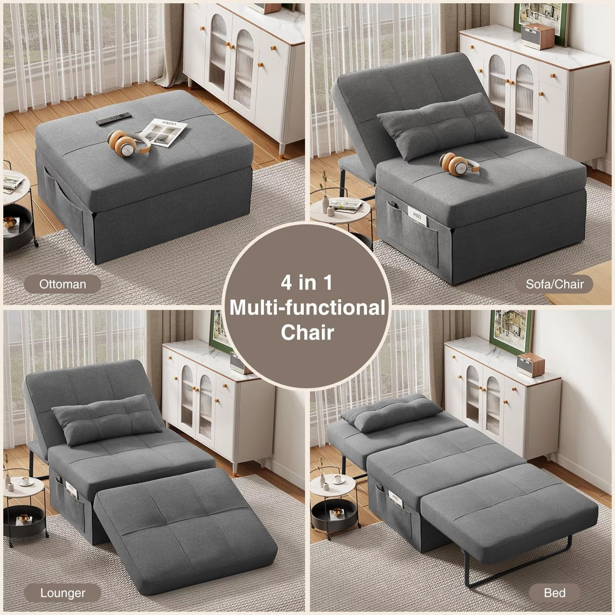 Light Grey 4 in 1 Convertible Sofa Bed with Adjustable Backrest B2785