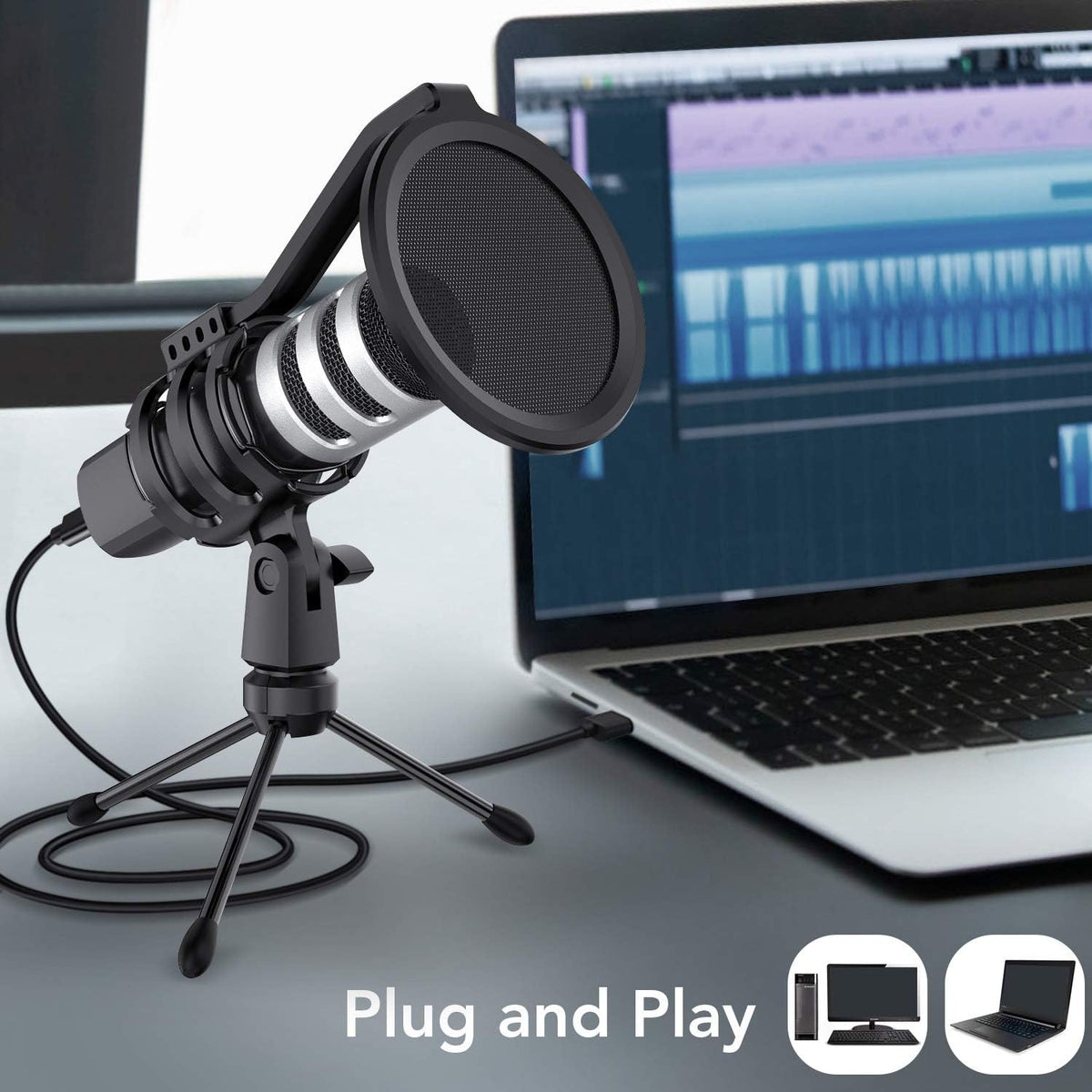 USB Microphone Kit Condenser Cardioid Studio Recording Microphone with Pop Filter Tripod Shock Mount Pack of 2 U7350