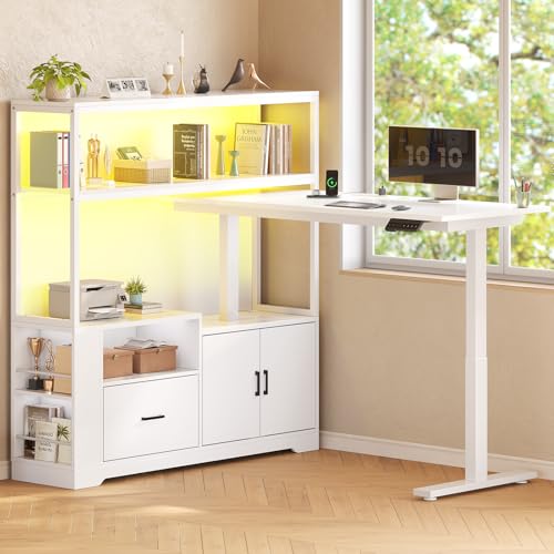 White L Shaped Standing Desk with Drawers & Hutch B6515