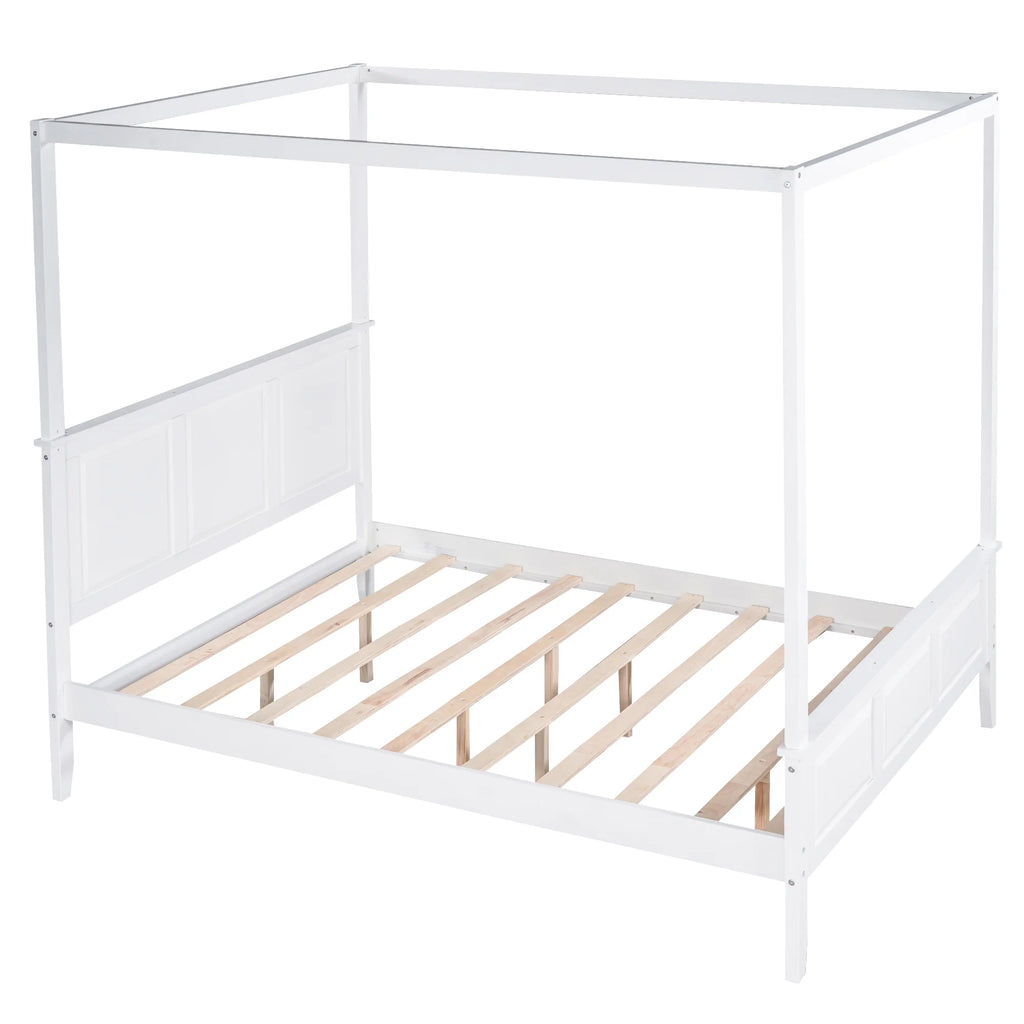 White Wood Queen Size Canopy Platform Bed S517