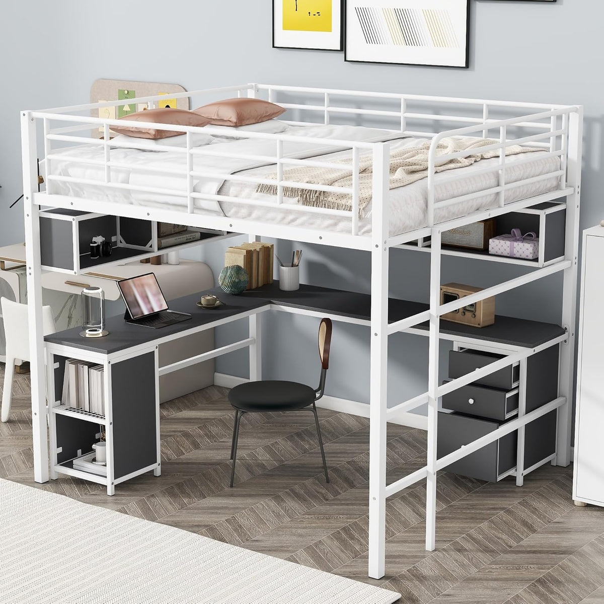 White Full Metal Loft Bed with Bookcase Desk Cabinet P31919