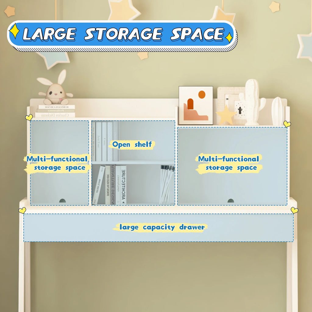 White Wooden Kids Desk and Chair Set with Drawers V9155