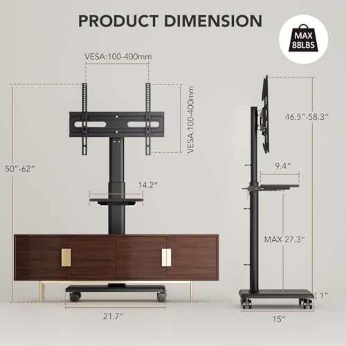 Portable Rolling Floor TV Stand with Wheels, Height Adjustable for 27 to 65 Inch TVs E158