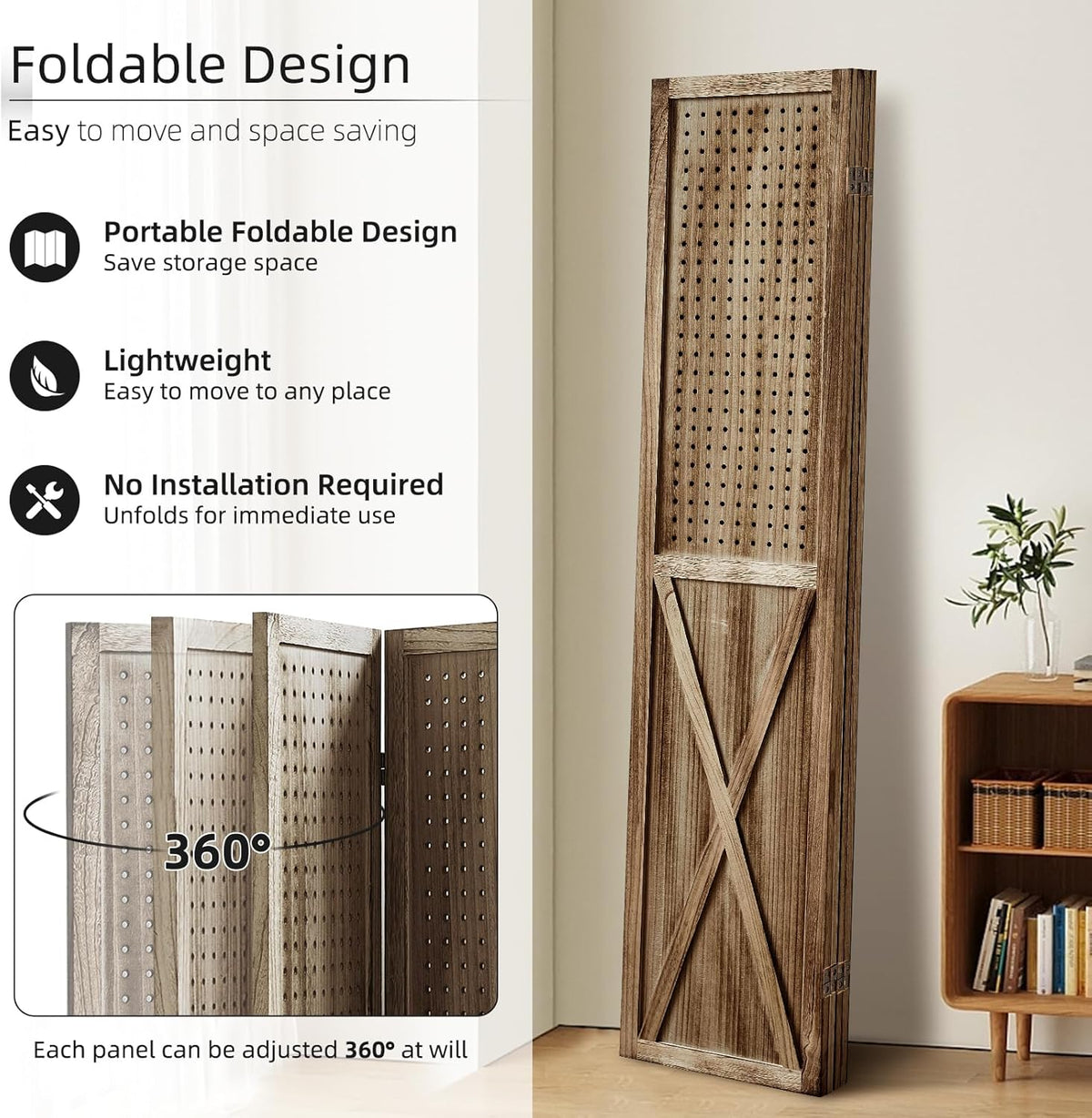 Brown 4 Panel Folding Pegboard Room Divider M195935