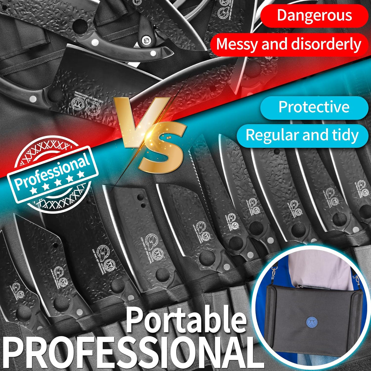 Professional Kitchen Knife Set with High-Carbon Steel Forged Blades, Chef's Knife, Cleaver, Carving Knife, Nakiri, Includes Carrying Bag & Poultry Scissors X8898