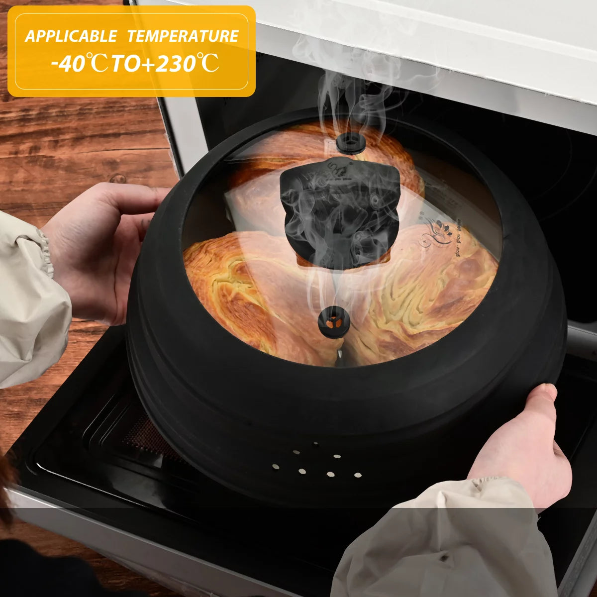 11.8 inch Vented Glass Microwave Splatter Cover with Collapsible Silicone, Black F5350
