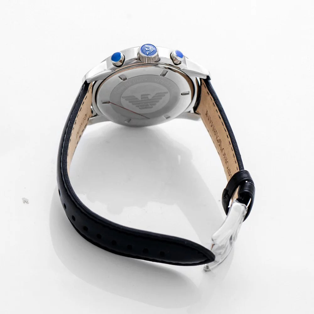 Stainless Steel Chronograph Watch with Black Leather Strap Y37677