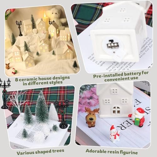 30 Pcs LED Christmas Village Set, 8 Ceramic Christmas Village Houses 17 Xmas Trees 2 Lamp Post with Snowman Santa Claus Deer H88195