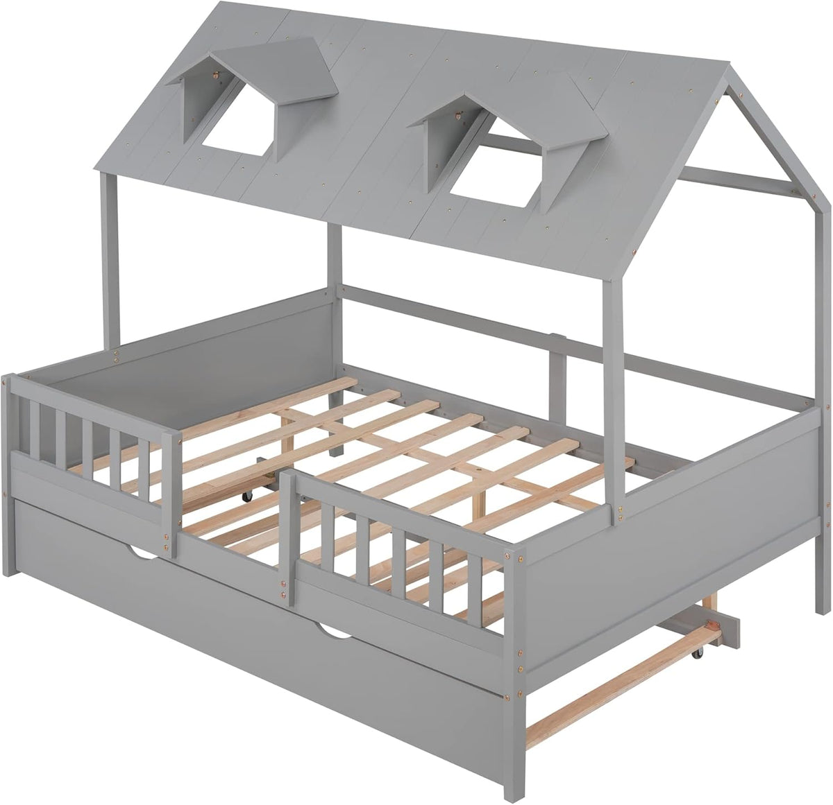 Grey Double Bed Wood Frame with Safety Bar T7862