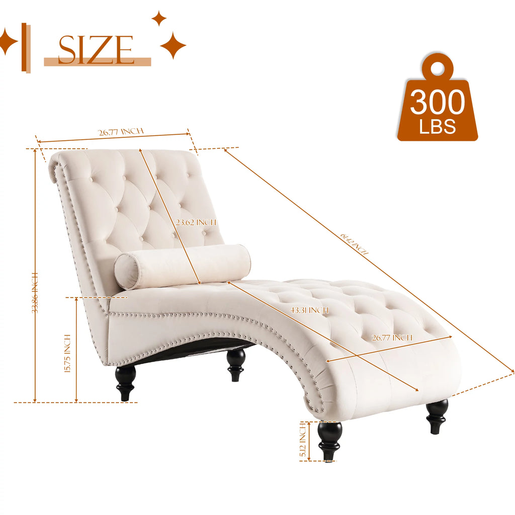 Beige Velvet Tufted Chaise Lounge with Wood Legs H713