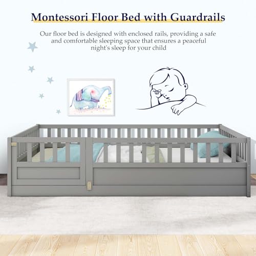 Full-White Wood Kids Floor Bed with Safety Guardrails I23244