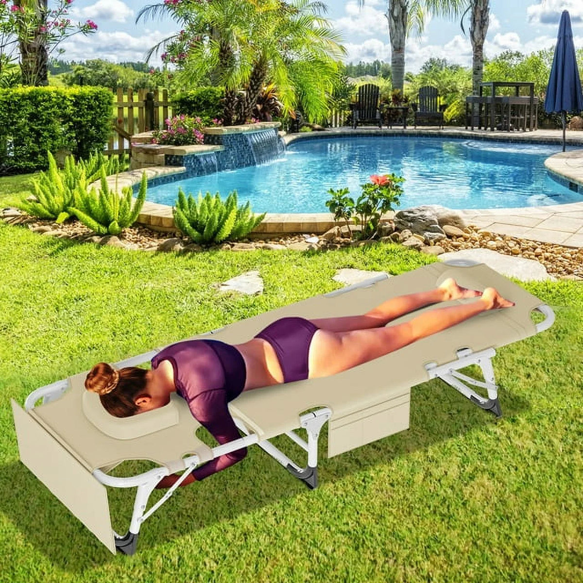 Heavy Duty Tanning Chair with Face & Arm Holes Adjustable 5-Position Folding Chaise Lounge Chair K980901