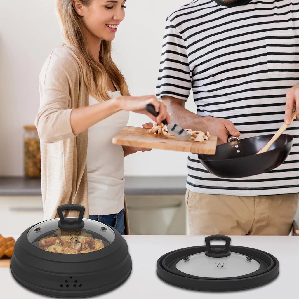 11.8 inch Vented Glass Microwave Splatter Cover with Collapsible Silicone, Black F5350