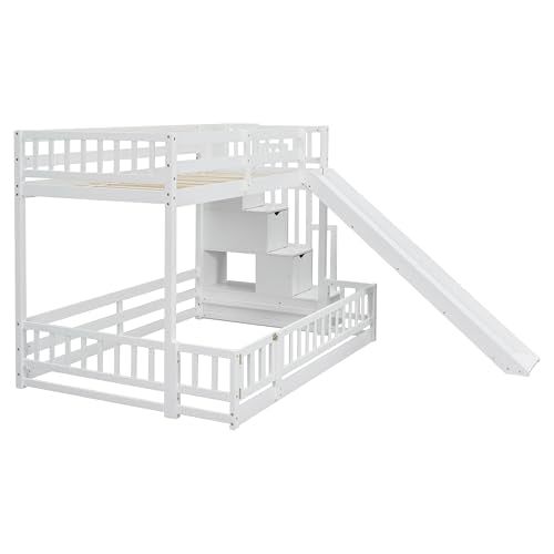 White Twin Over Full Bunk Bed with Slide and Storage Staircase I2752