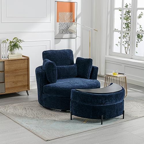 Beige Chenille Upholstered Swivel Accent Barrel Chair with Storage Bench and Ottoman F415