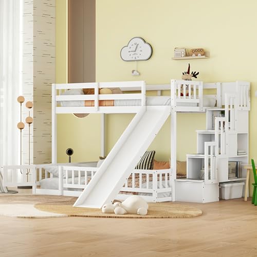 White Twin Over Full Bunk Bed with Slide and Storage Staircase I2752