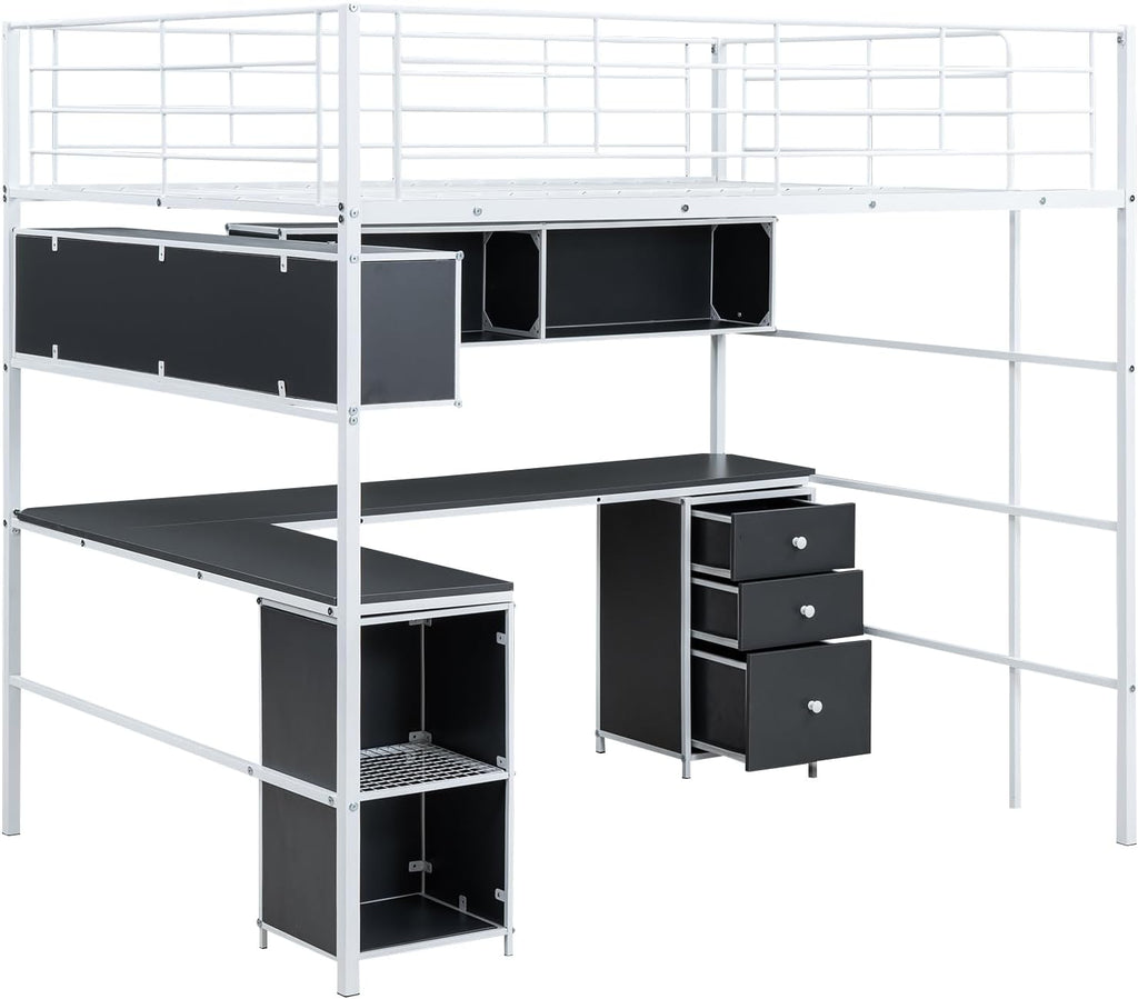 White Full Metal Loft Bed with Bookcase Desk Cabinet P31919