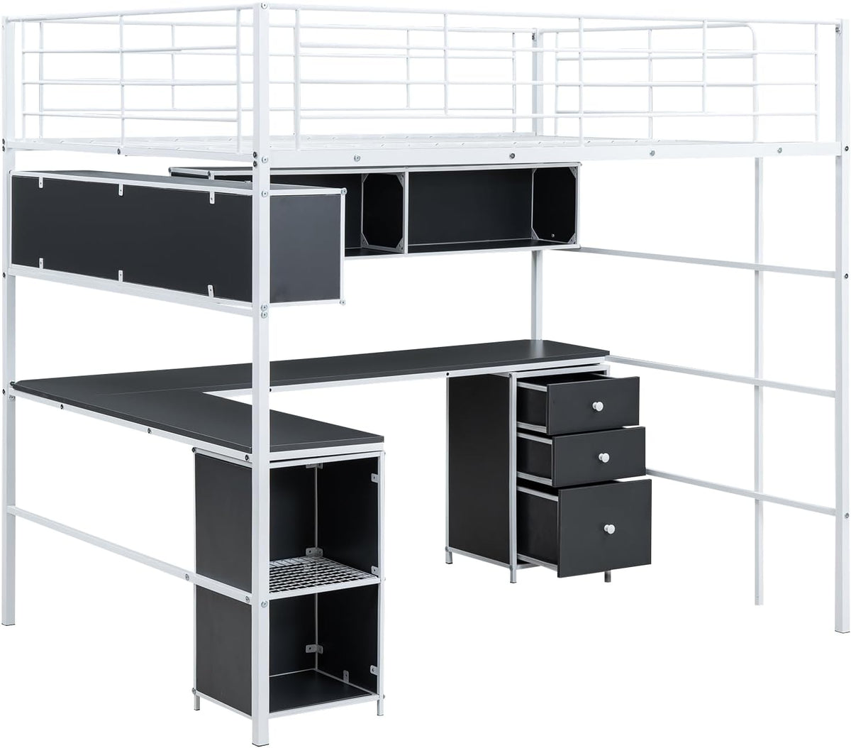 White Full Metal Loft Bed with Bookcase Desk Cabinet P31919
