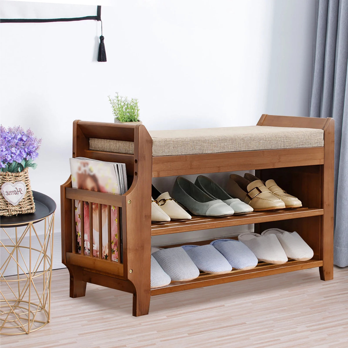 2 Tier Bamboo Shoe Rack Bench with Soft Seat Q3667