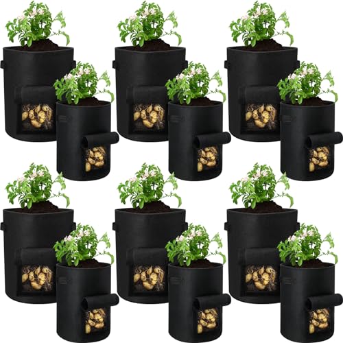 12 Pack 10 Gallon 7 Gallon Black Nonwoven Fabric Potato Grow Bags with Handles and Harvest Window E38094
