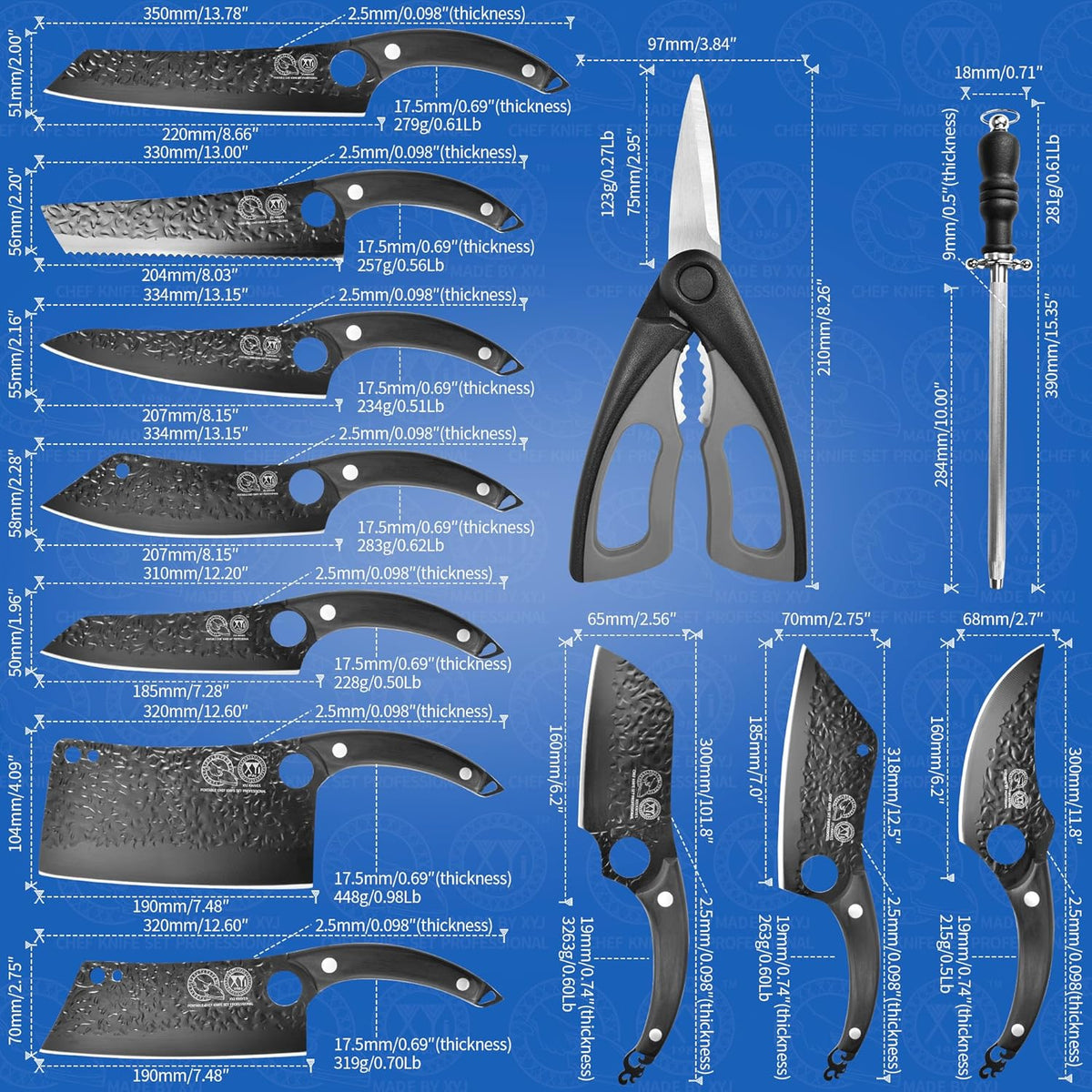 Professional Kitchen Knife Set with High-Carbon Steel Forged Blades, Chef's Knife, Cleaver, Carving Knife, Nakiri, Includes Carrying Bag & Poultry Scissors X8898