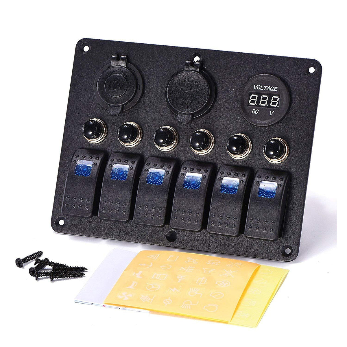Blue LED Rocker Switch Panel with Dual USB Waterproof Power Socket Breaker Voltmeter J96886