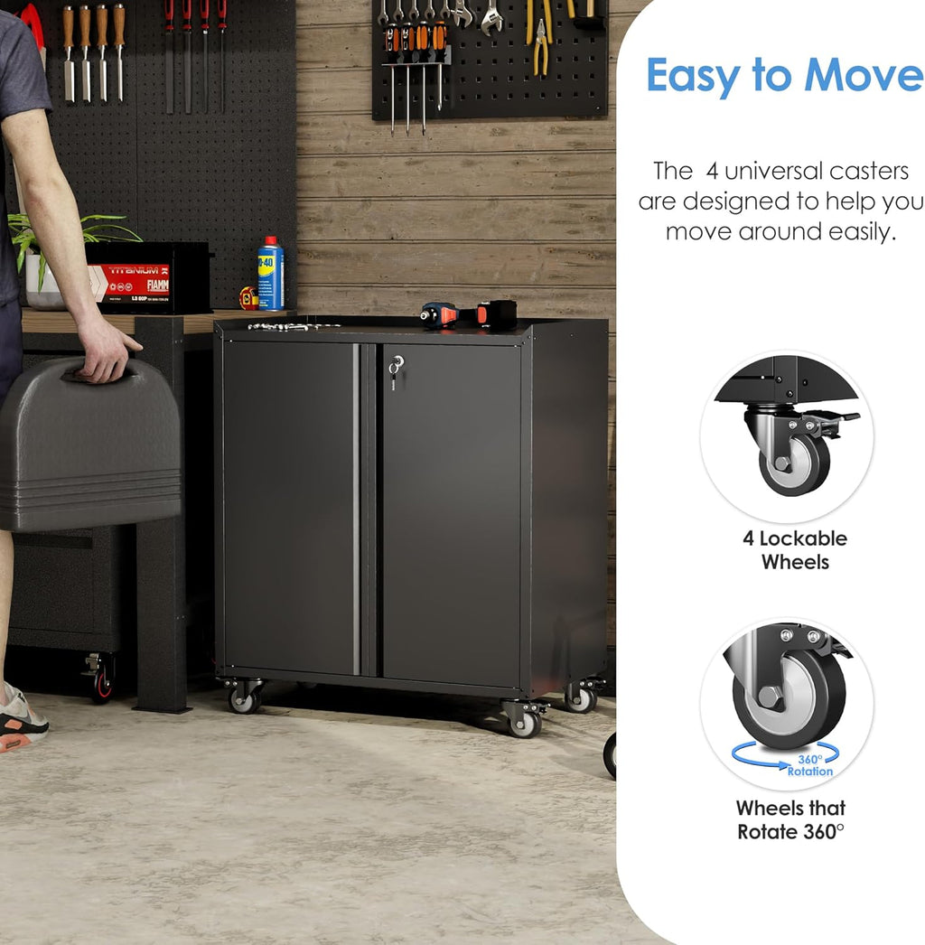 Black Metal Storage Cabinet on Wheels with Adjustable Shelves D703