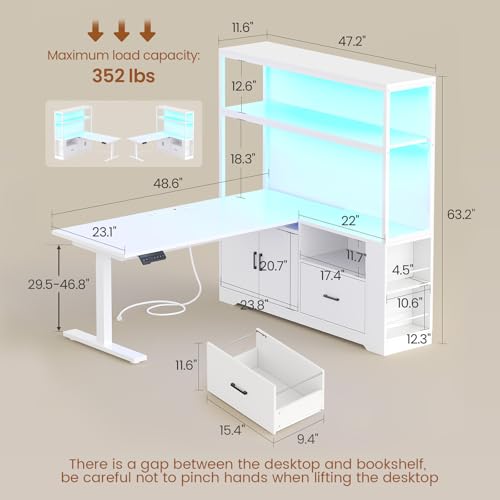 White L Shaped Standing Desk with Drawers & Hutch B6515