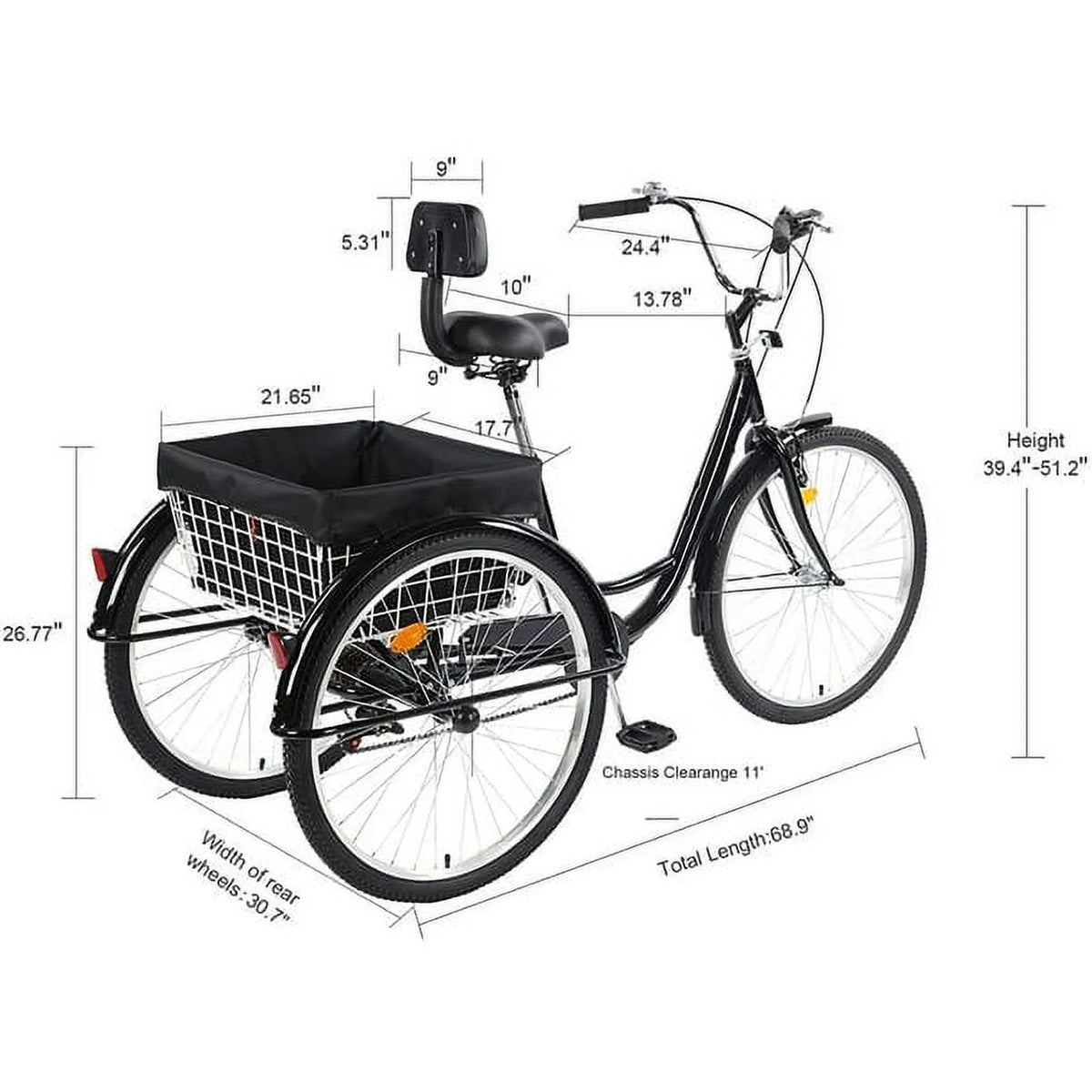 26 Inch 7-Speed 3-Wheel Bike (Black) Q109