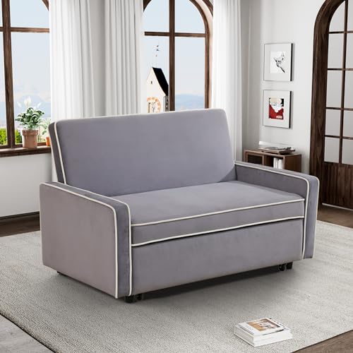 Grey 3 in 1 Convertible Sleeper Sofa with Pullout Bed Flannel 2 Seater Futon Loveseat Couch Bed F217160